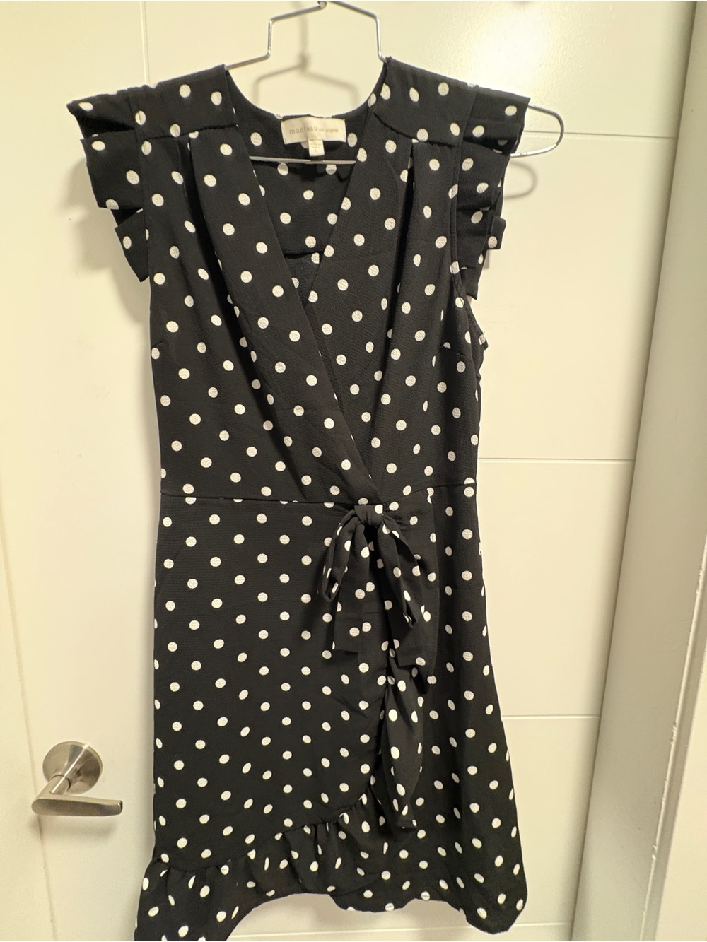 Black and White Polka Dot Wrap Midi Dress with Ruffle Hem